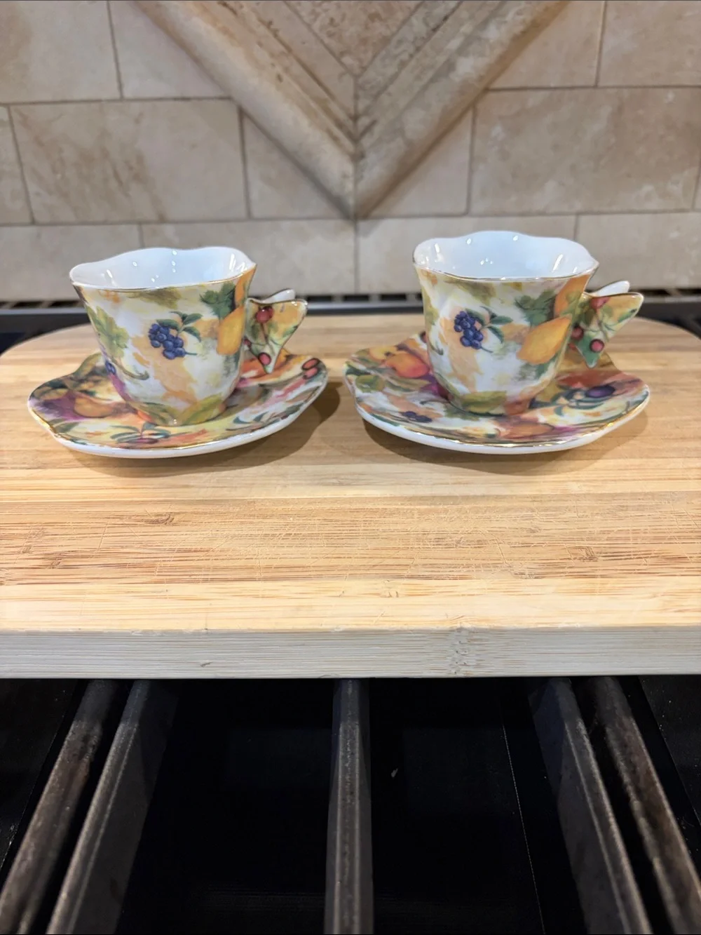 Formalities by Baum Brothers Butterfly Handles Fruit Espresso Cup & Saucer Set 2